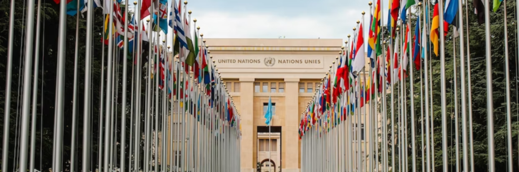 Sede da ONU com bandeiras de países na frente. Declaração Universal dos Direitos Humanos: Guia completo sobre o documento mais traduzido do mundo!